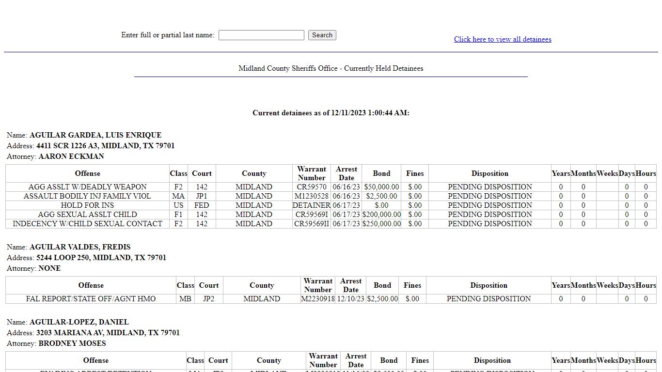 Midland County Sheriffs Office - Currently Held Detainees